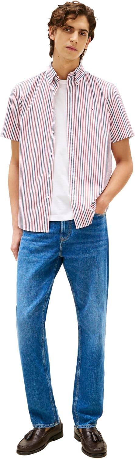 imageTommy Hilfiger Mens Short Sleeve Oxford Shirts in Regular Fit Mens Button Down ShirtsMedium Red Multi