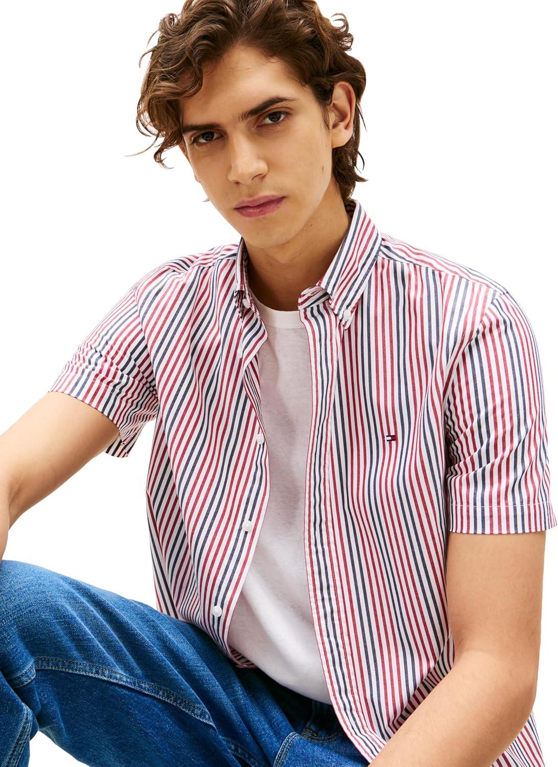 imageTommy Hilfiger Mens Short Sleeve Oxford Shirts in Regular Fit Mens Button Down ShirtsMedium Red Multi