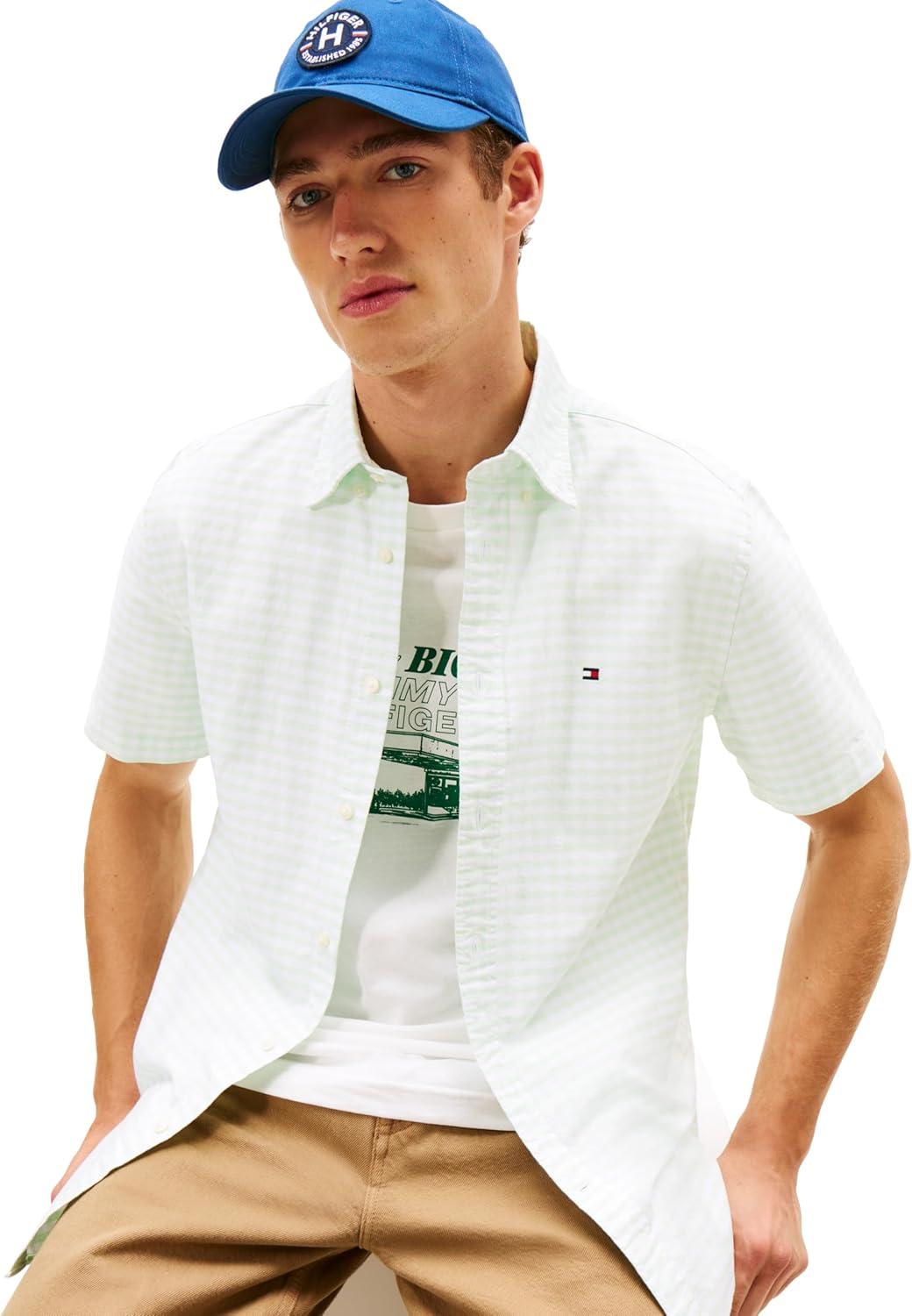 imageTommy Hilfiger Mens Short Sleeve Oxford Shirts in Regular Fit Mens Button Down ShirtsOpal Green Check