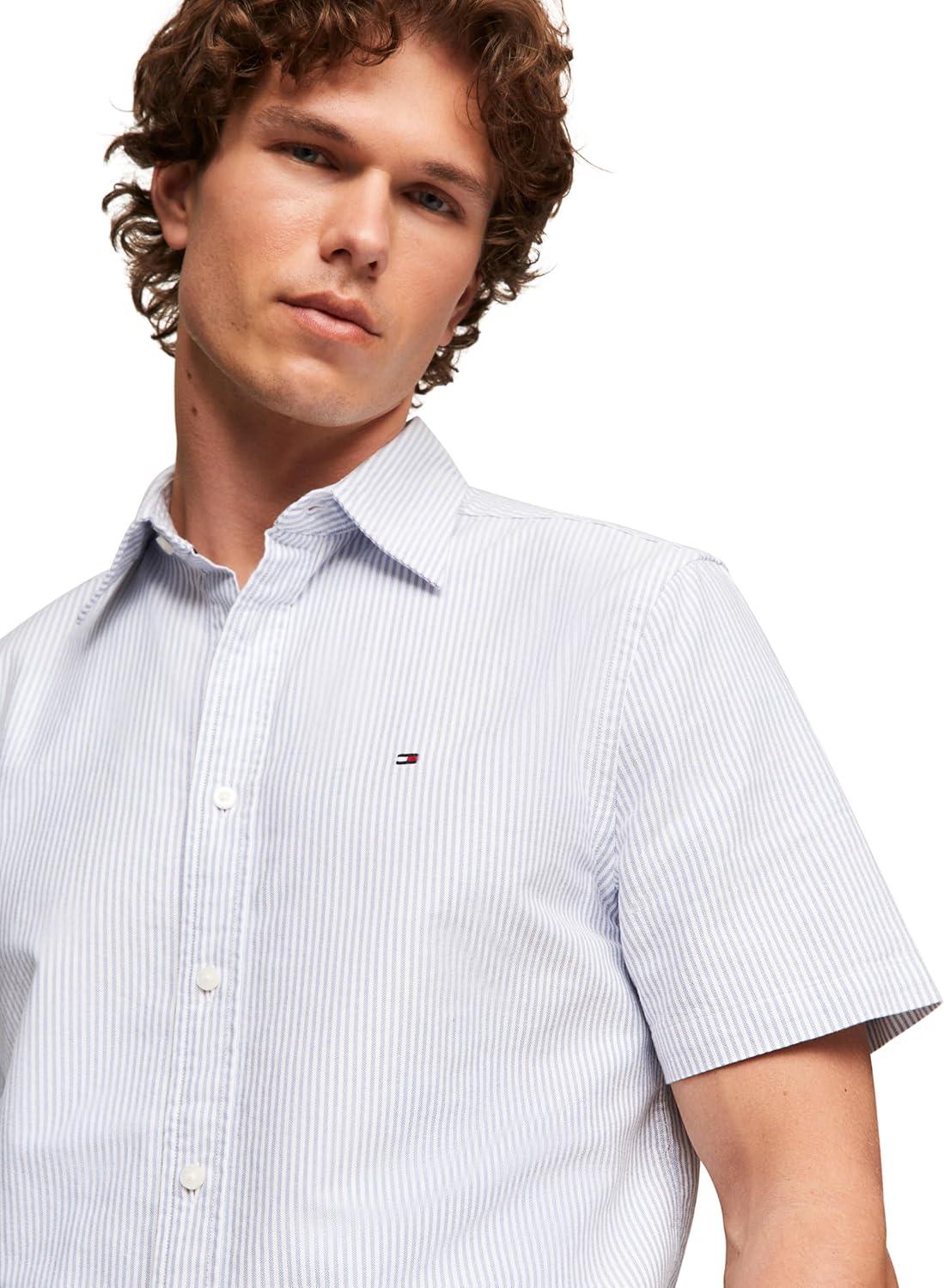 imageTommy Hilfiger Mens Short Sleeve Oxford Shirts in Regular Fit Mens Button Down ShirtsShirt Blue Optic White
