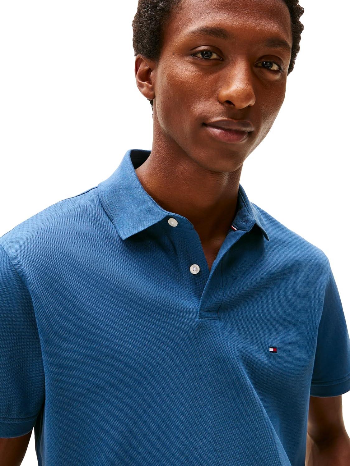 imageTommy Hilfiger Mens Short Sleeve Polo Shirts in Classic Fit with Stretch and Organic Pique CottonAegean Sea