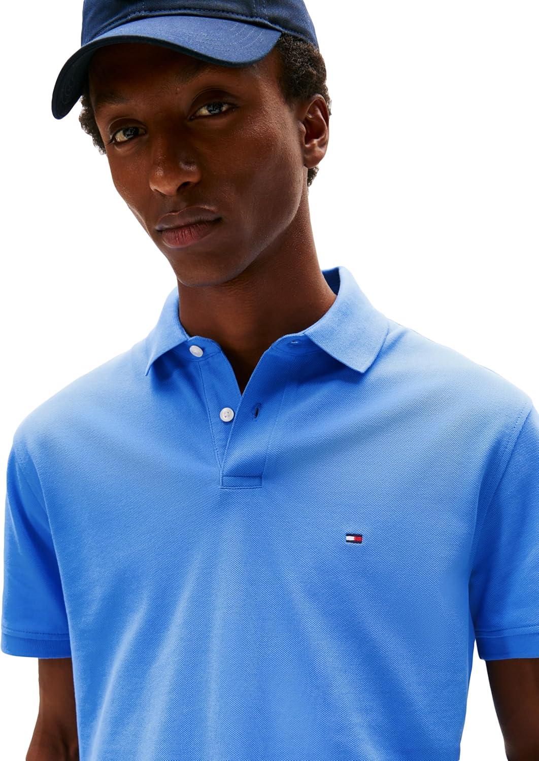 imageTommy Hilfiger Mens Short Sleeve Polo Shirts in Classic Fit with Stretch and Organic Pique CottonBlue Spell