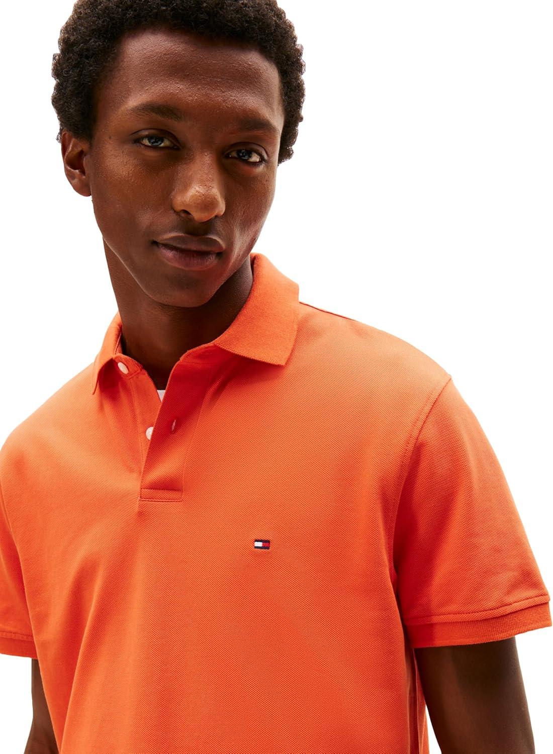 imageTommy Hilfiger Mens Short Sleeve Polo Shirts in Classic Fit with Stretch and Organic Pique CottonBrilliant Orange