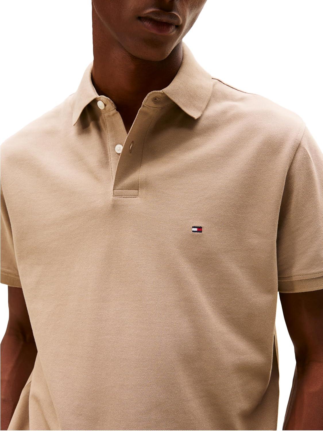 imageTommy Hilfiger Mens Short Sleeve Polo Shirts in Classic Fit with Stretch and Organic Pique CottonCoastal Taupe