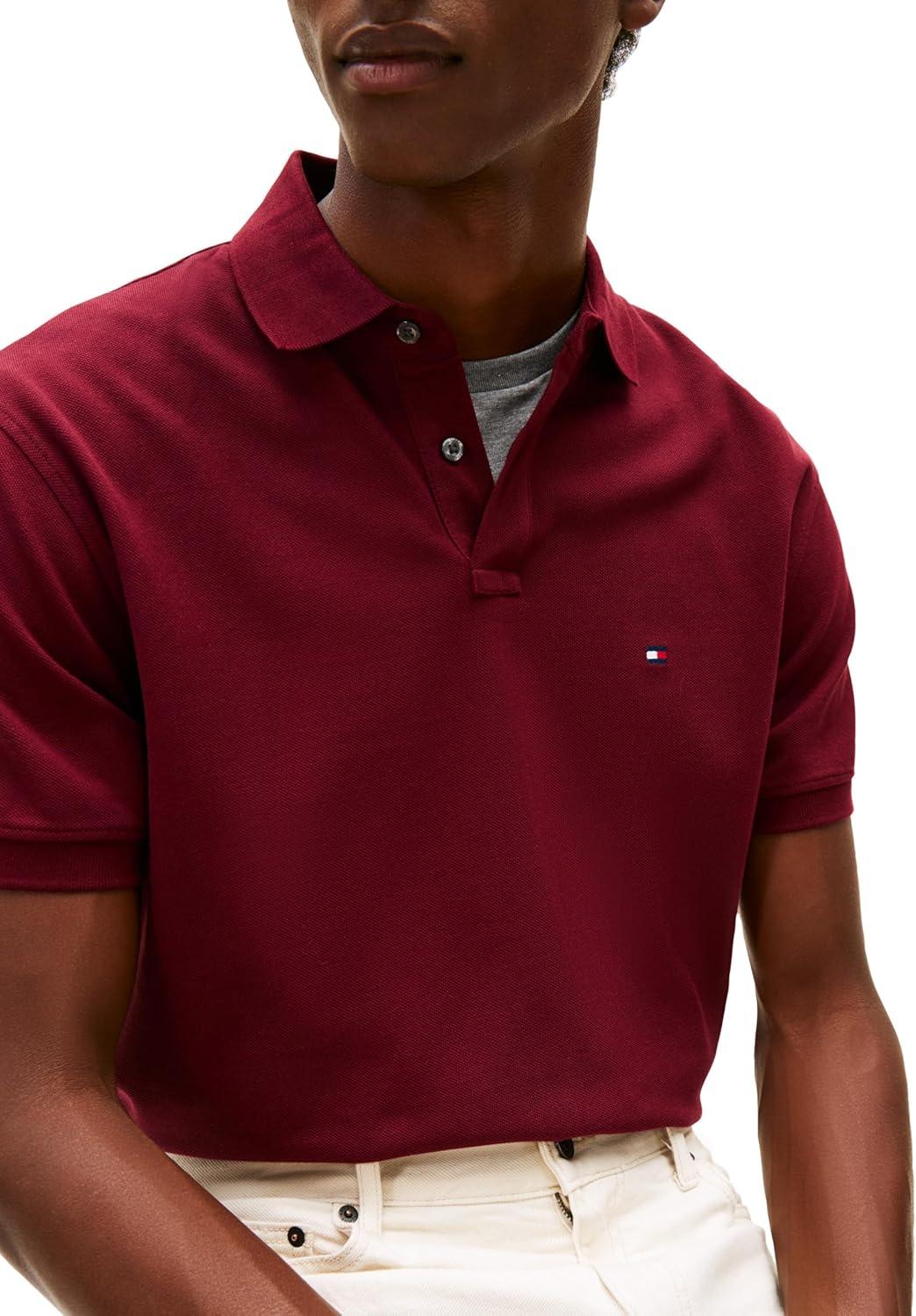 imageTommy Hilfiger Mens Short Sleeve Polo Shirts in Classic Fit with Stretch and Organic Pique CottonDeep Rouge