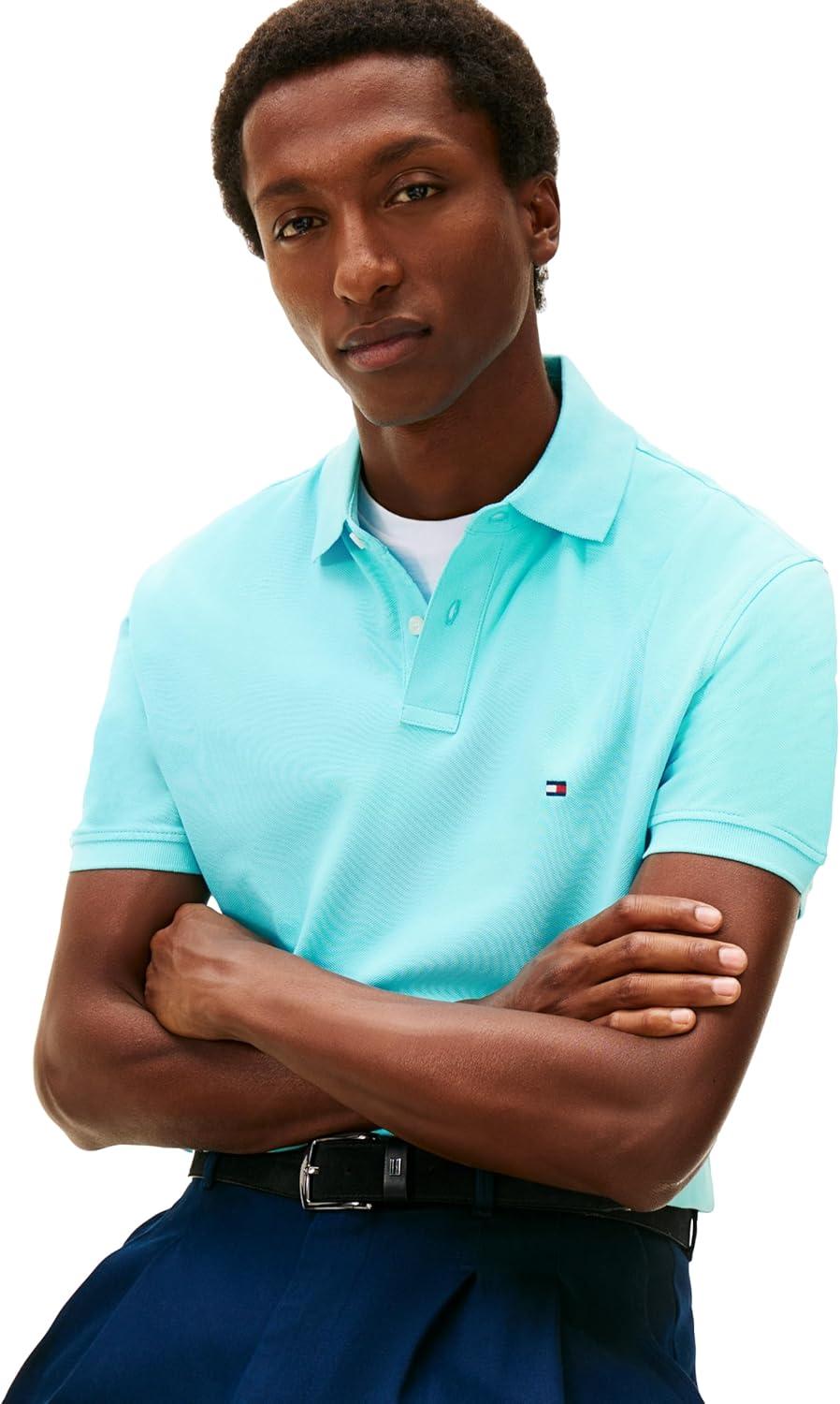 imageTommy Hilfiger Mens Short Sleeve Polo Shirts in Classic Fit with Stretch and Organic Pique CottonDewy Blue