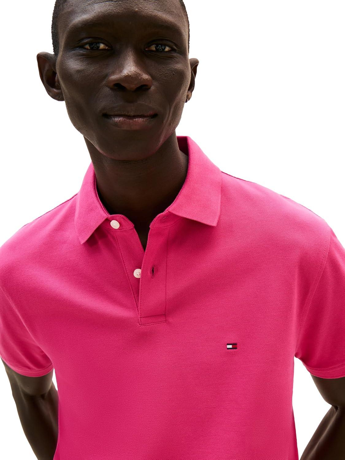 imageTommy Hilfiger Mens Short Sleeve Polo Shirts in Classic Fit with Stretch and Organic Pique CottonFashion Fuschia