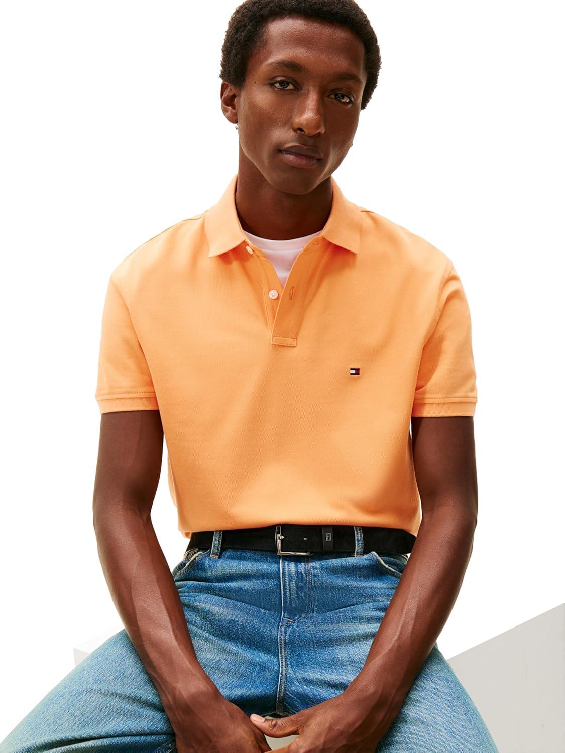 imageTommy Hilfiger Mens Short Sleeve Polo Shirts in Classic Fit with Stretch and Organic Pique CottonFruity Orange