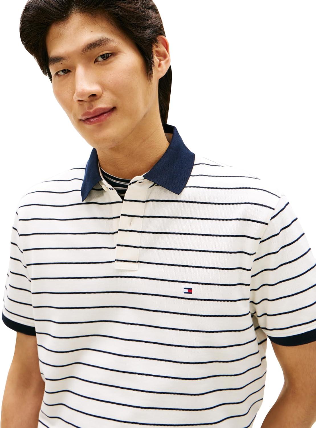 imageTommy Hilfiger Mens Short Sleeve Polo Shirts in Classic Fit with Stretch and Organic Pique CottonIvory Petal Desert Sky