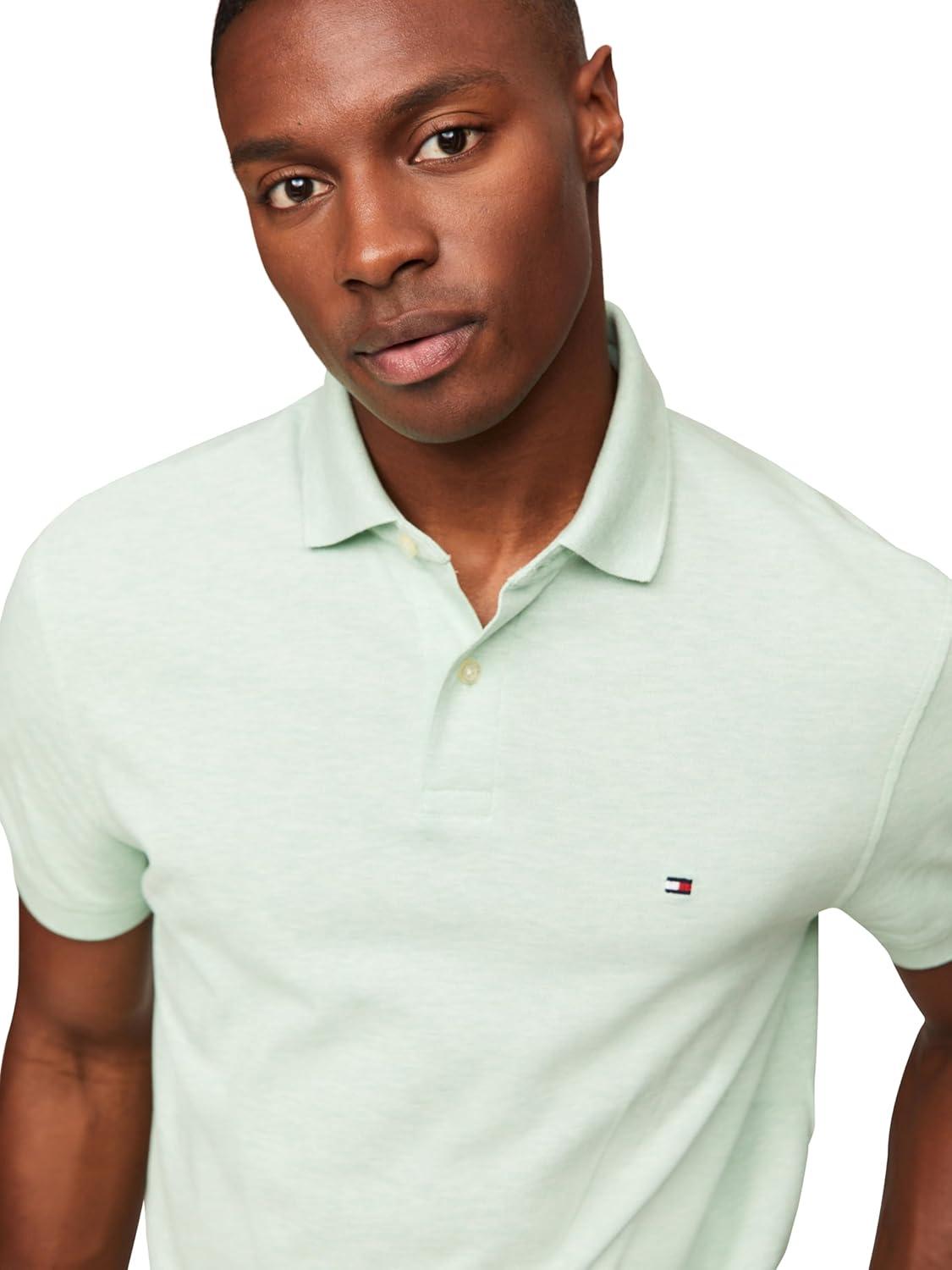 imageTommy Hilfiger Mens Short Sleeve Polo Shirts in Classic Fit with Stretch and Organic Pique CottonMint Gel Heather