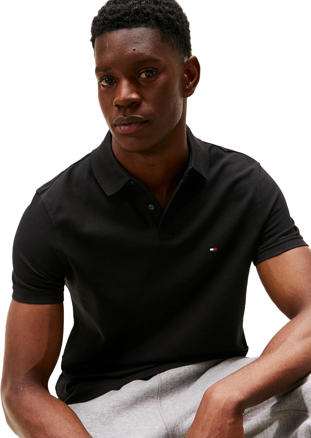 imageTommy Hilfiger Mens Short Sleeve Polo Shirts in Regular Fit with Stretch and Organic Pique CottonBlack