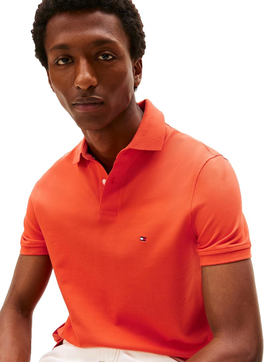 imageTommy Hilfiger Mens Short Sleeve Polo Shirts in Regular Fit with Stretch and Organic Pique CottonBrilliant Orange
