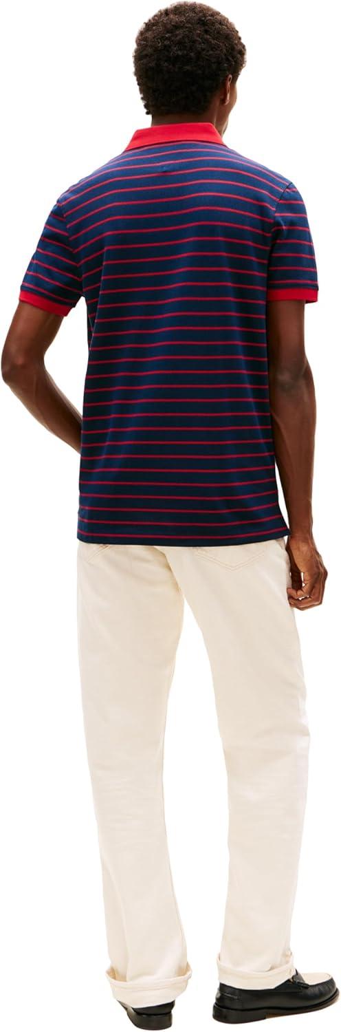 imageTommy Hilfiger Mens Short Sleeve Polo Shirts in Regular Fit with Stretch and Organic Pique CottonDark Night Navy Medium Red