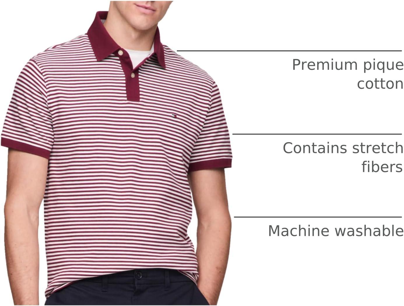 imageTommy Hilfiger Mens Short Sleeve Polo Shirts in Regular Fit with Stretch and Organic Pique CottonDeep Rouge White