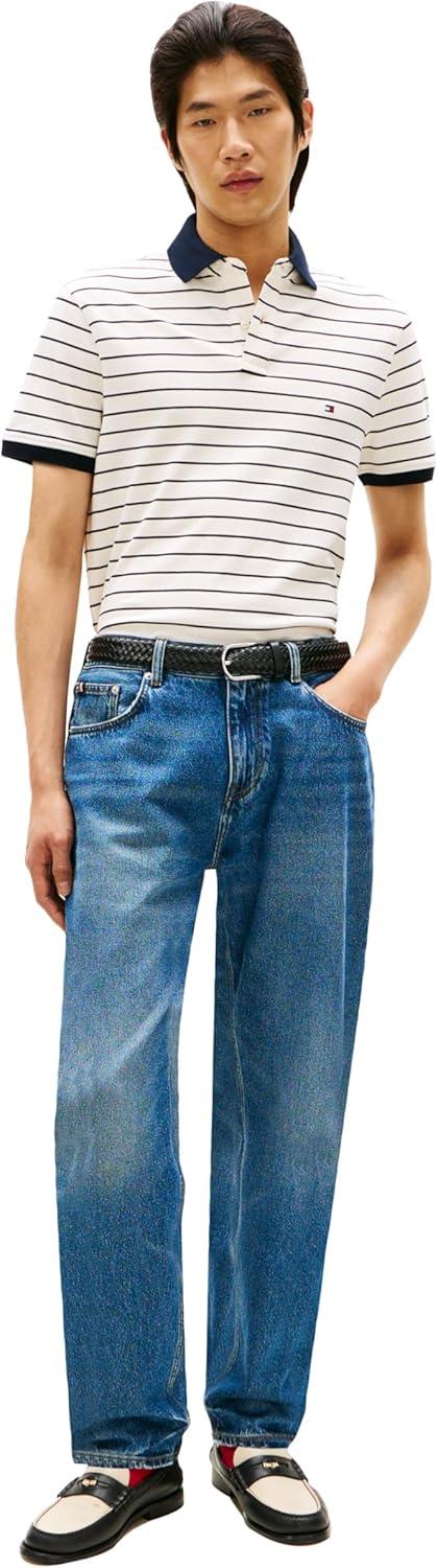 imageTommy Hilfiger Mens Short Sleeve Polo Shirts in Regular Fit with Stretch and Organic Pique CottonIvory Petal Desert Sky