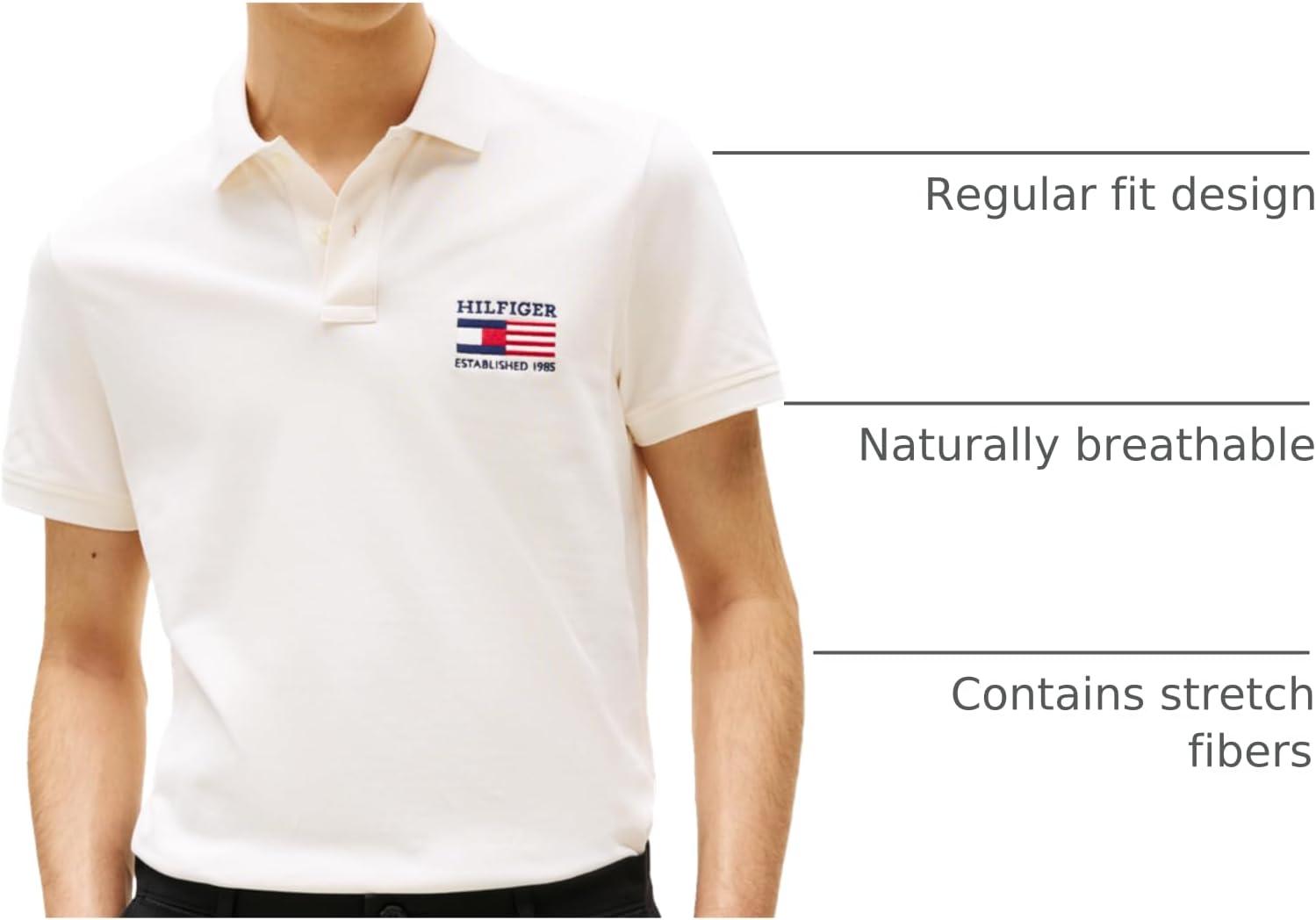 imageTommy Hilfiger Mens Short Sleeve Polo Shirts in Regular Fit with Stretch and Organic Pique CottonIvory Petal Flag Embroidered