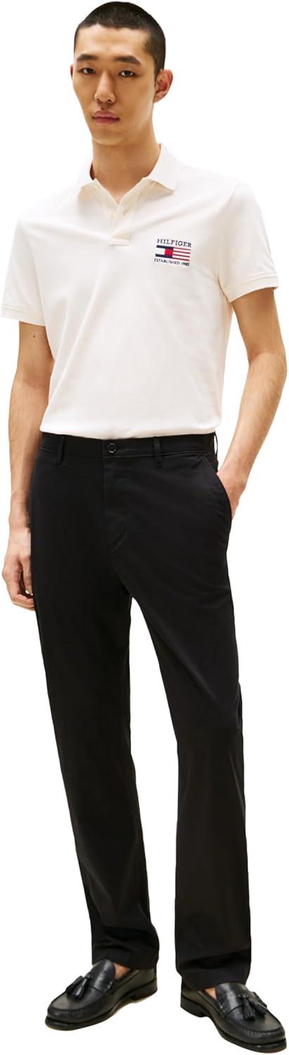 imageTommy Hilfiger Mens Short Sleeve Polo Shirts in Regular Fit with Stretch and Organic Pique CottonIvory Petal Flag Embroidered