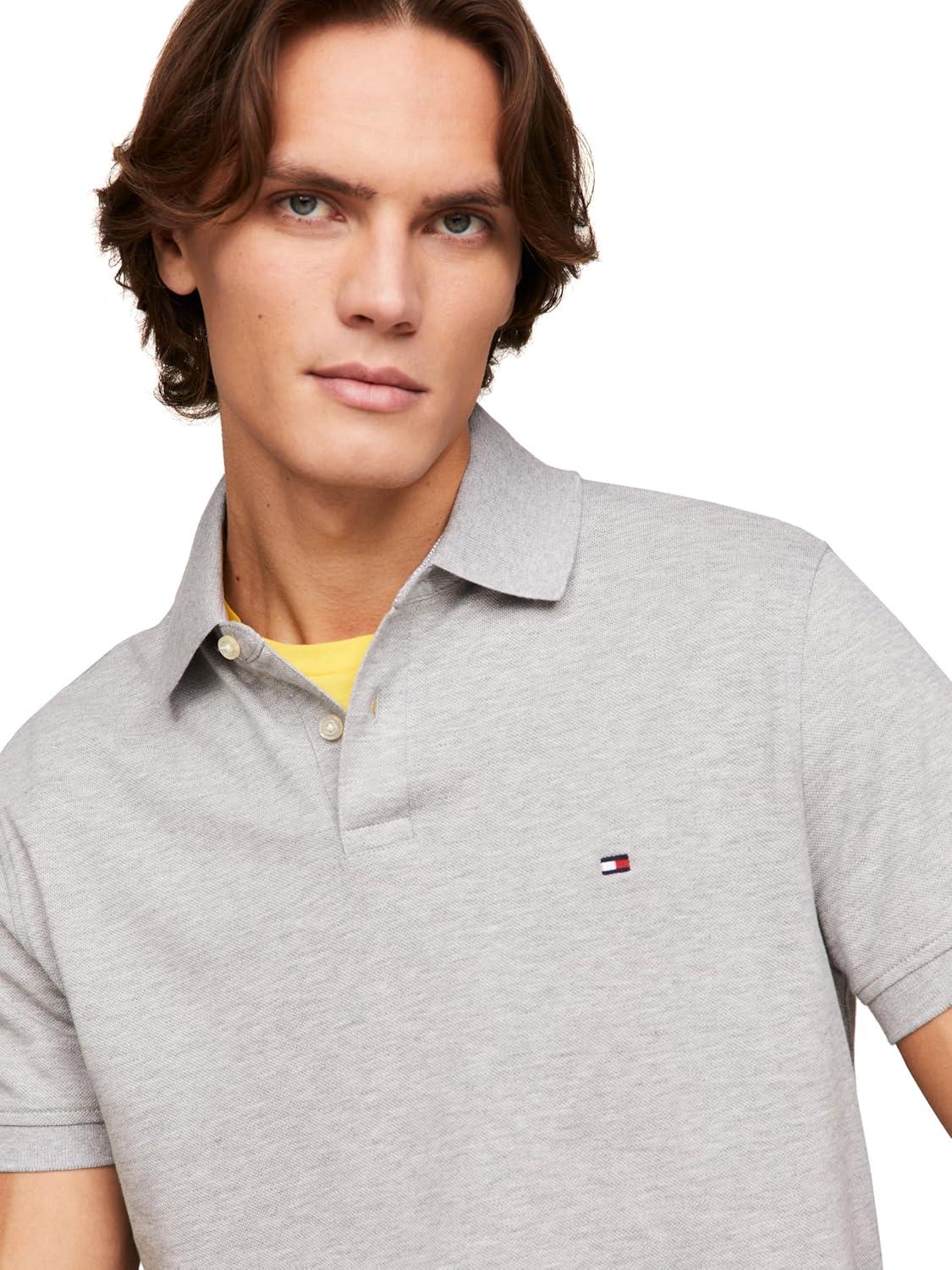 imageTommy Hilfiger Mens Short Sleeve Polo Shirts in Regular Fit with Stretch and Organic Pique CottonLight Grey Heather