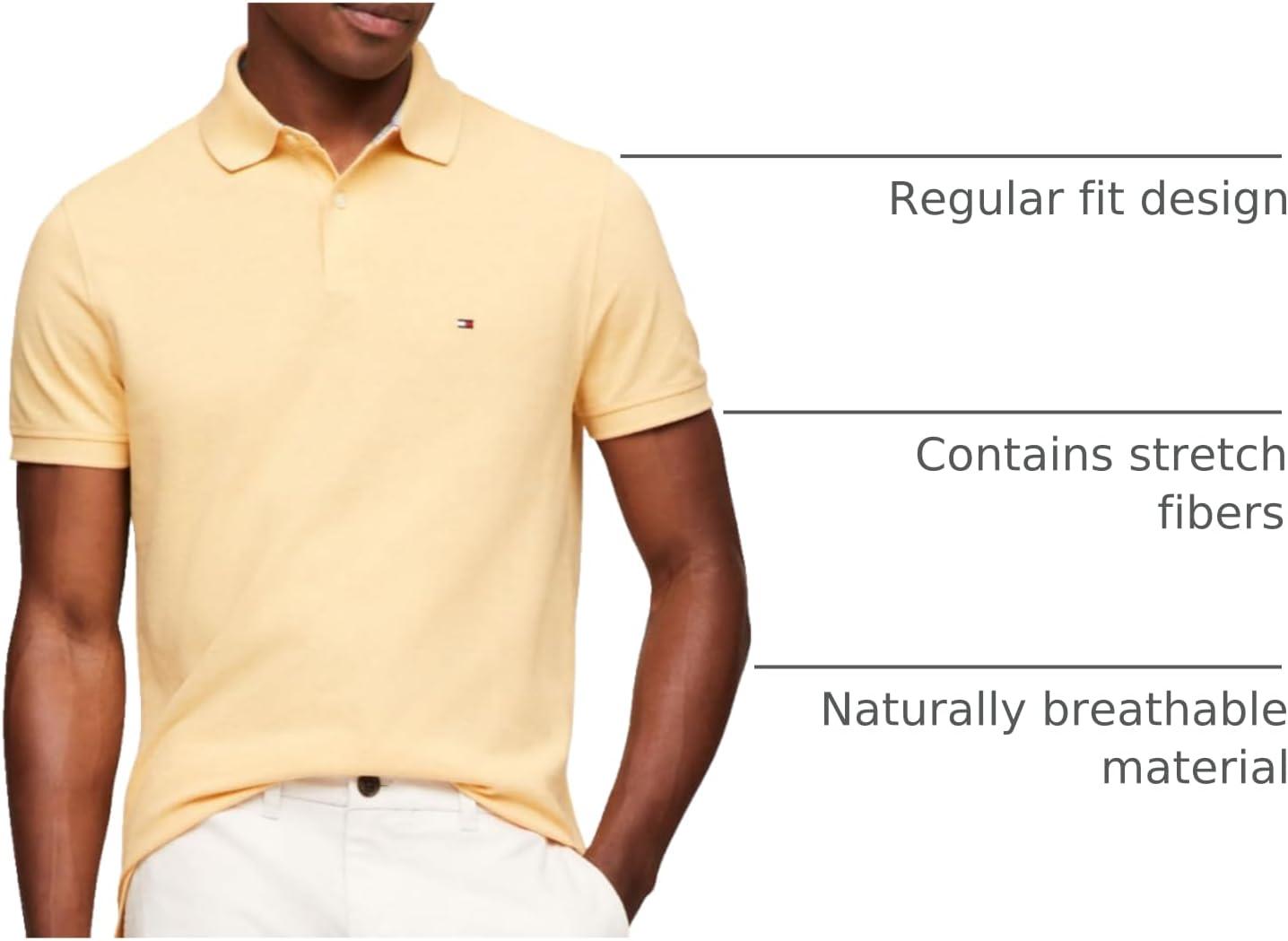 imageTommy Hilfiger Mens Short Sleeve Polo Shirts in Regular Fit with Stretch and Organic Pique CottonLight Yellow Heather