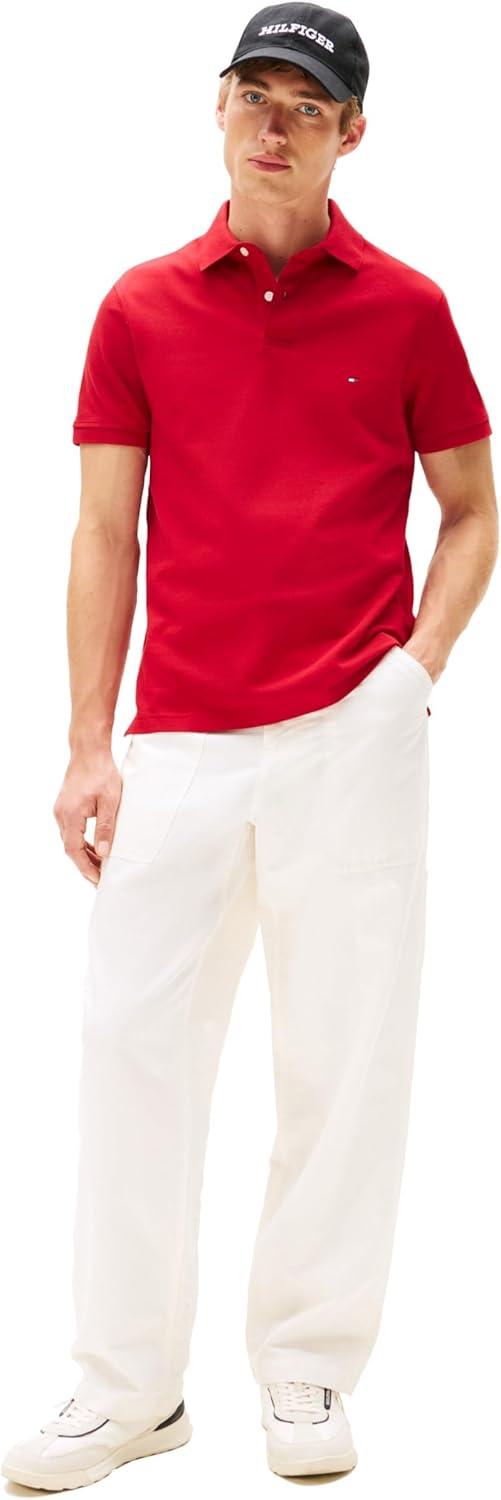 imageTommy Hilfiger Mens Short Sleeve Polo Shirts in Regular Fit with Stretch and Organic Pique CottonMedium Red