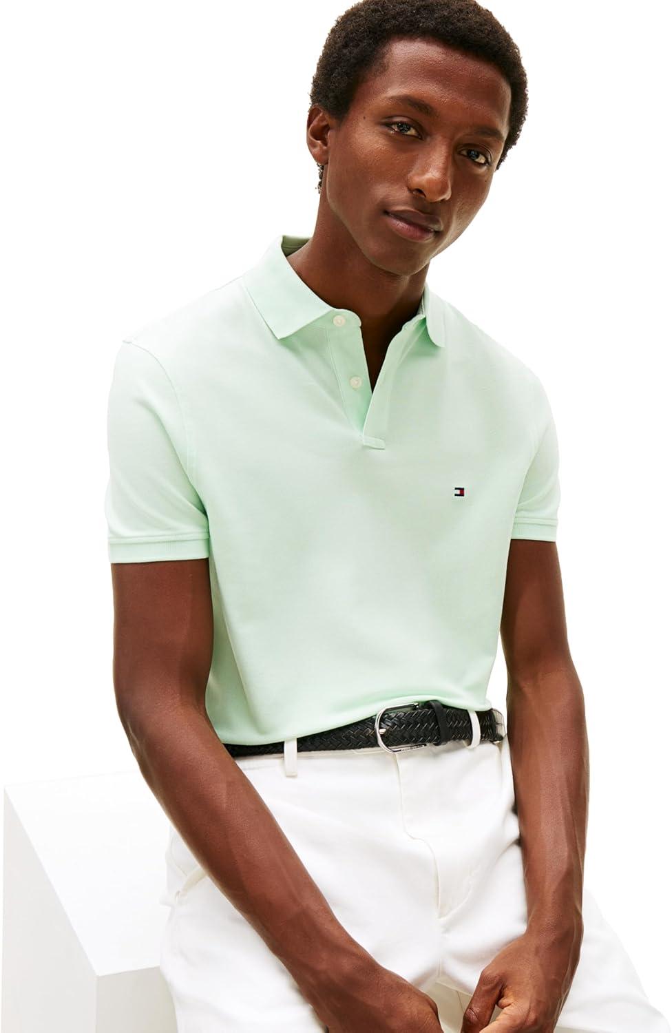 imageTommy Hilfiger Mens Short Sleeve Polo Shirts in Regular Fit with Stretch and Organic Pique CottonOpal Green