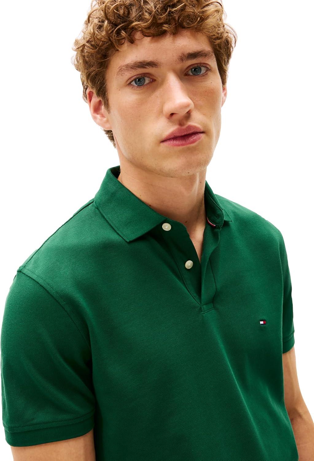 imageTommy Hilfiger Mens Short Sleeve Polo Shirts in Regular Fit with Stretch and Organic Pique CottonOrnamental Green