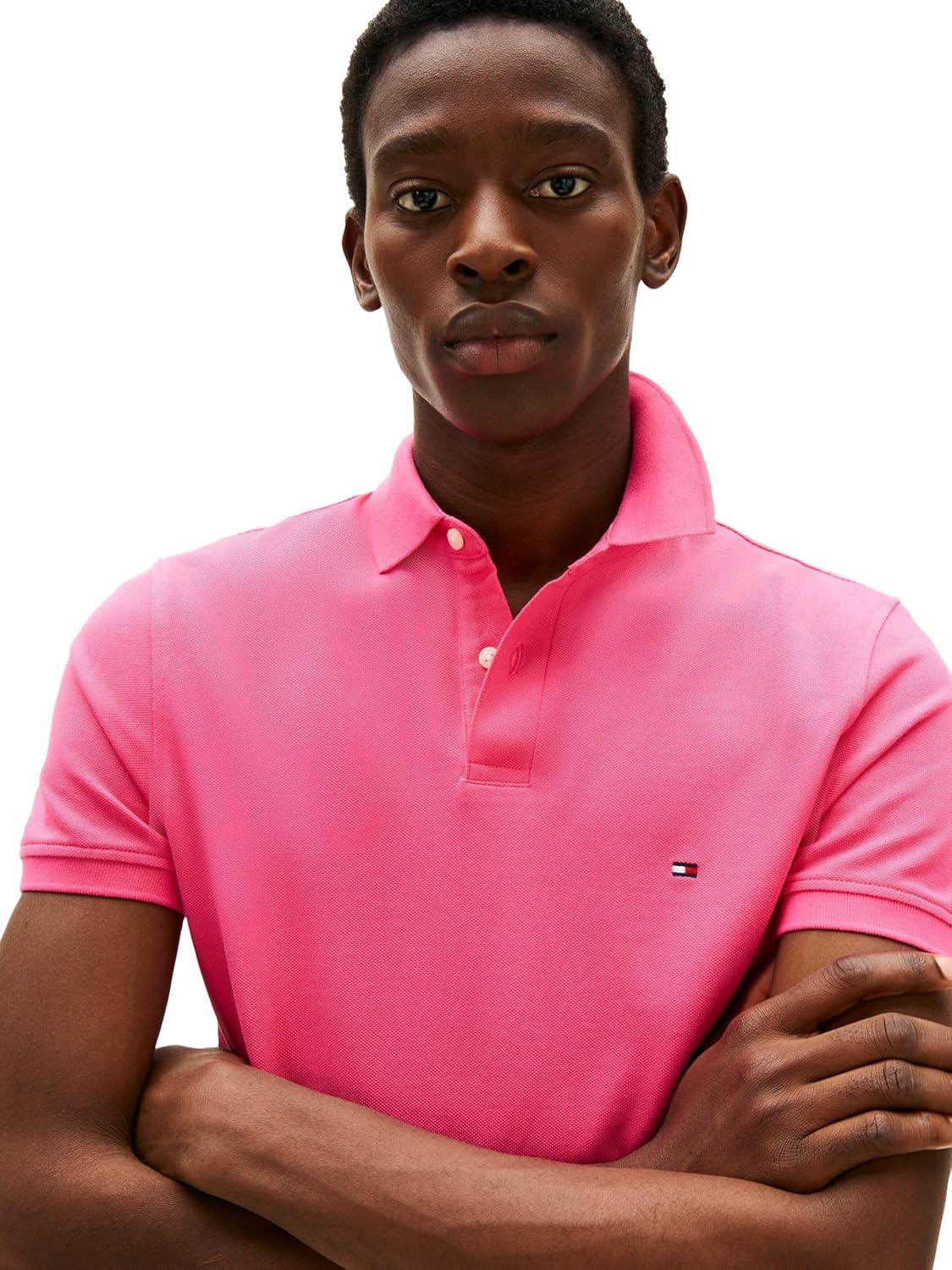 imageTommy Hilfiger Mens Short Sleeve Polo Shirts in Regular Fit with Stretch and Organic Pique CottonPink Alert