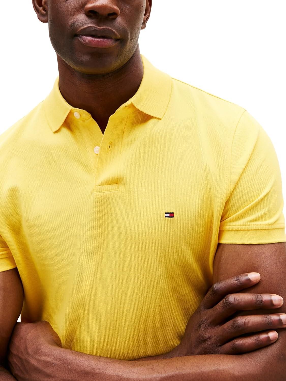 imageTommy Hilfiger Mens Short Sleeve Polo Shirts in Regular Fit with Stretch and Organic Pique CottonSoft Canary