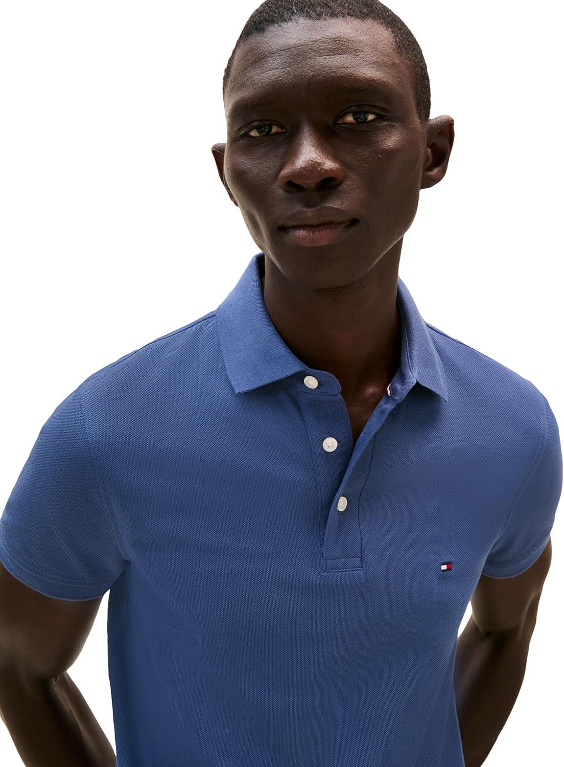 imageTommy Hilfiger Mens Short Sleeve Polo Shirts in Slim Fit with Stretch and Organic Pique CottonAegean Sea