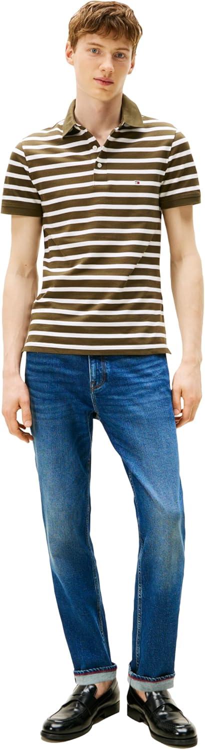 imageTommy Hilfiger Mens Short Sleeve Polo Shirts in Slim Fit with Stretch and Organic Pique CottonArmy Green White