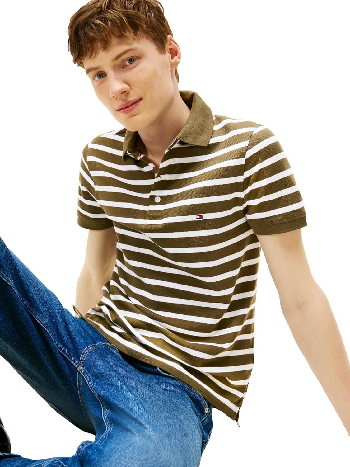 imageTommy Hilfiger Mens Short Sleeve Polo Shirts in Slim Fit with Stretch and Organic Pique CottonArmy Green White