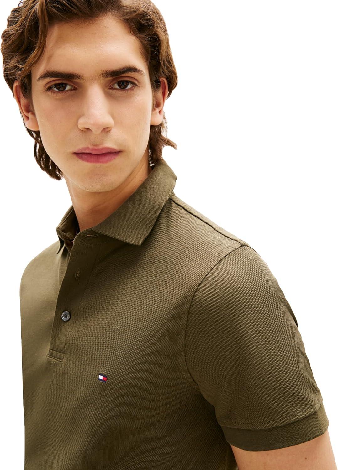imageTommy Hilfiger Mens Short Sleeve Polo Shirts in Slim Fit with Stretch and Organic Pique CottonArmy Green