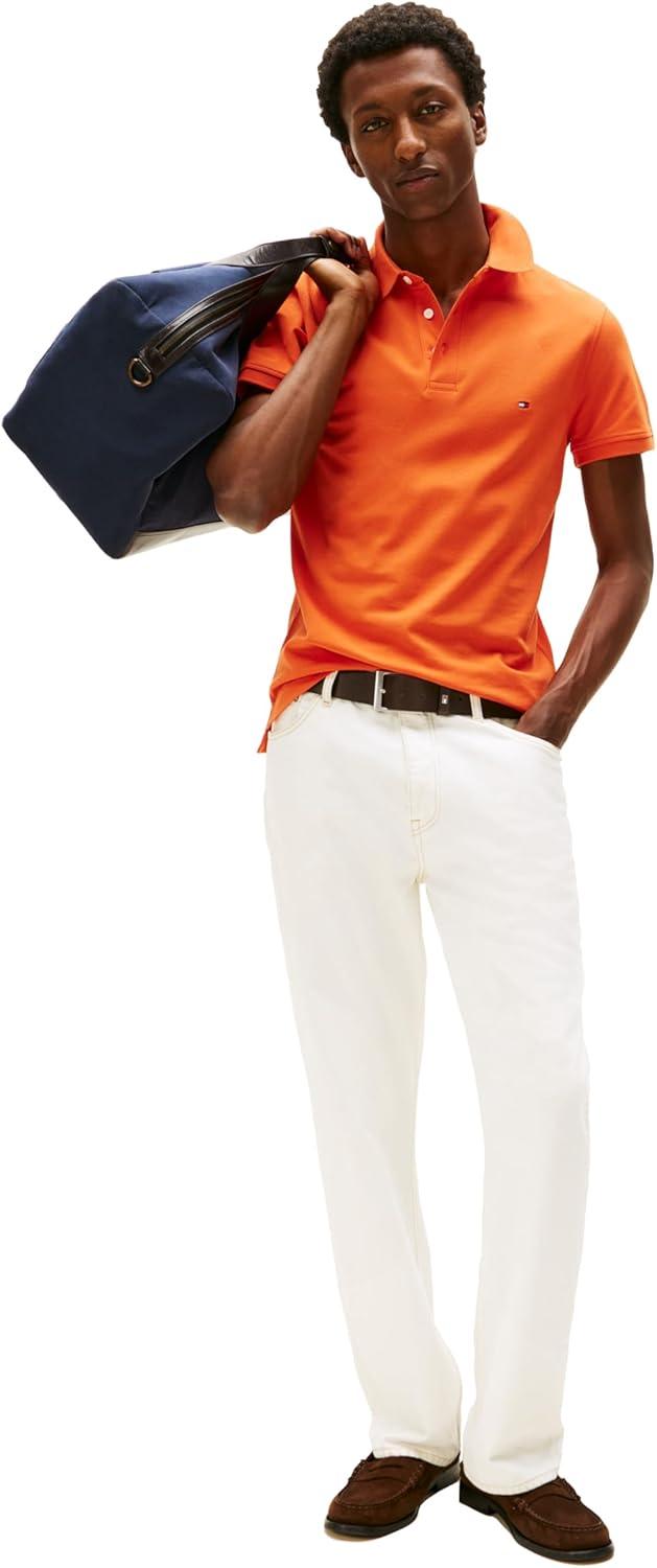 imageTommy Hilfiger Mens Short Sleeve Polo Shirts in Slim Fit with Stretch and Organic Pique CottonBrilliant Orange
