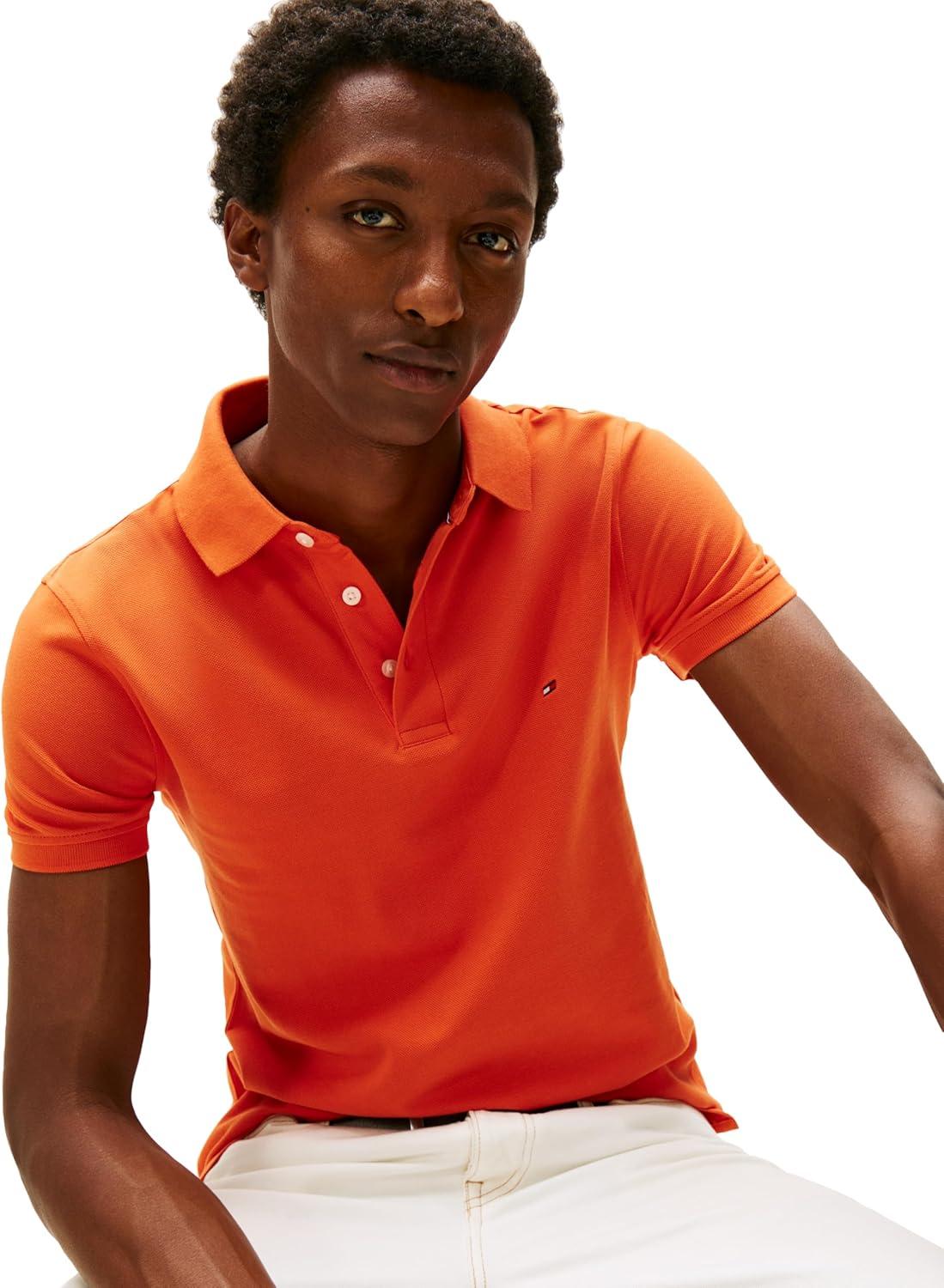 imageTommy Hilfiger Mens Short Sleeve Polo Shirts in Slim Fit with Stretch and Organic Pique CottonBrilliant Orange