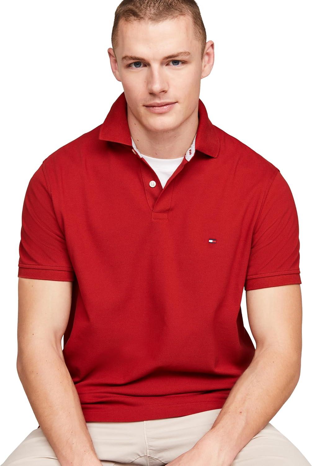 imageTommy Hilfiger Mens Short Sleeve Polo Shirts in Slim Fit with Stretch and Organic Pique CottonDark Magma