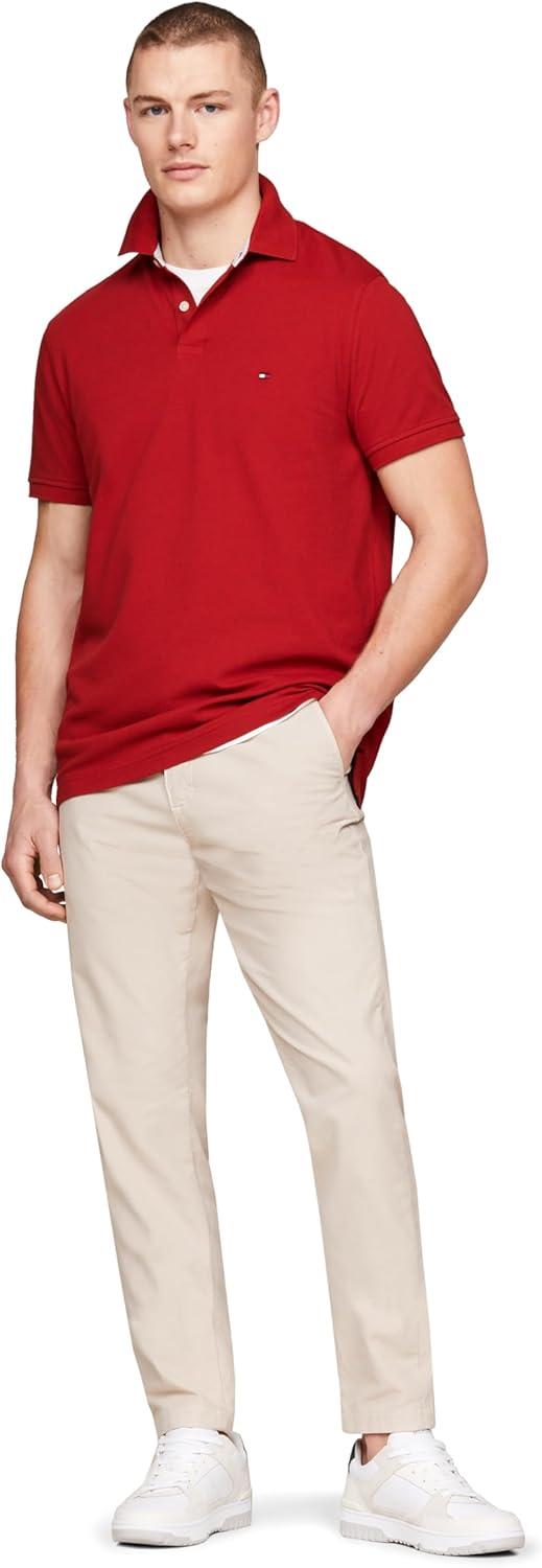 imageTommy Hilfiger Mens Short Sleeve Polo Shirts in Slim Fit with Stretch and Organic Pique CottonDark Magma