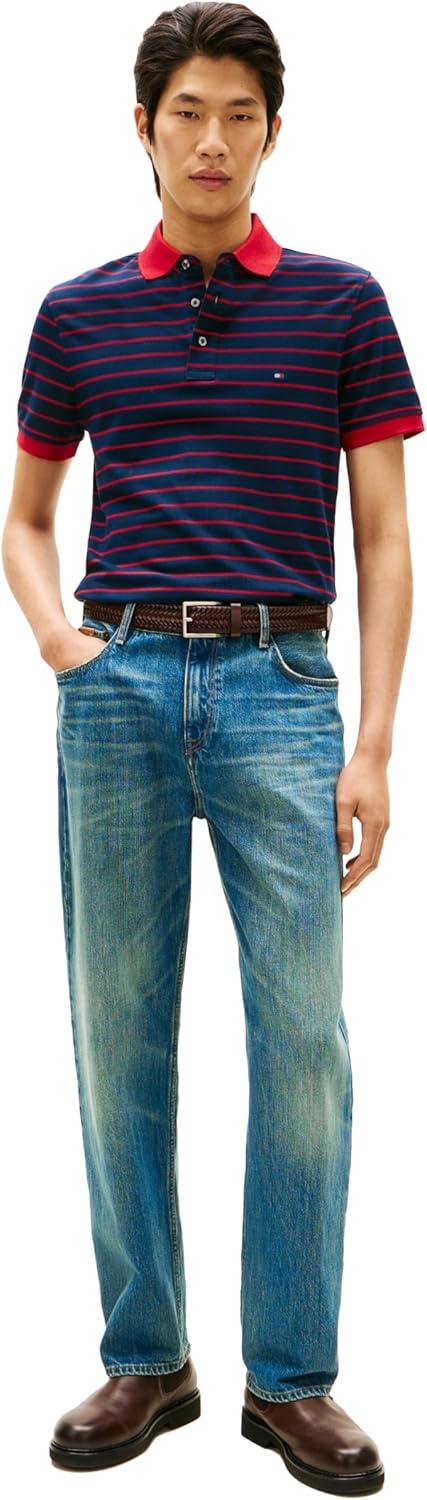 imageTommy Hilfiger Mens Short Sleeve Polo Shirts in Slim Fit with Stretch and Organic Pique CottonDark Night Navy Medium Red