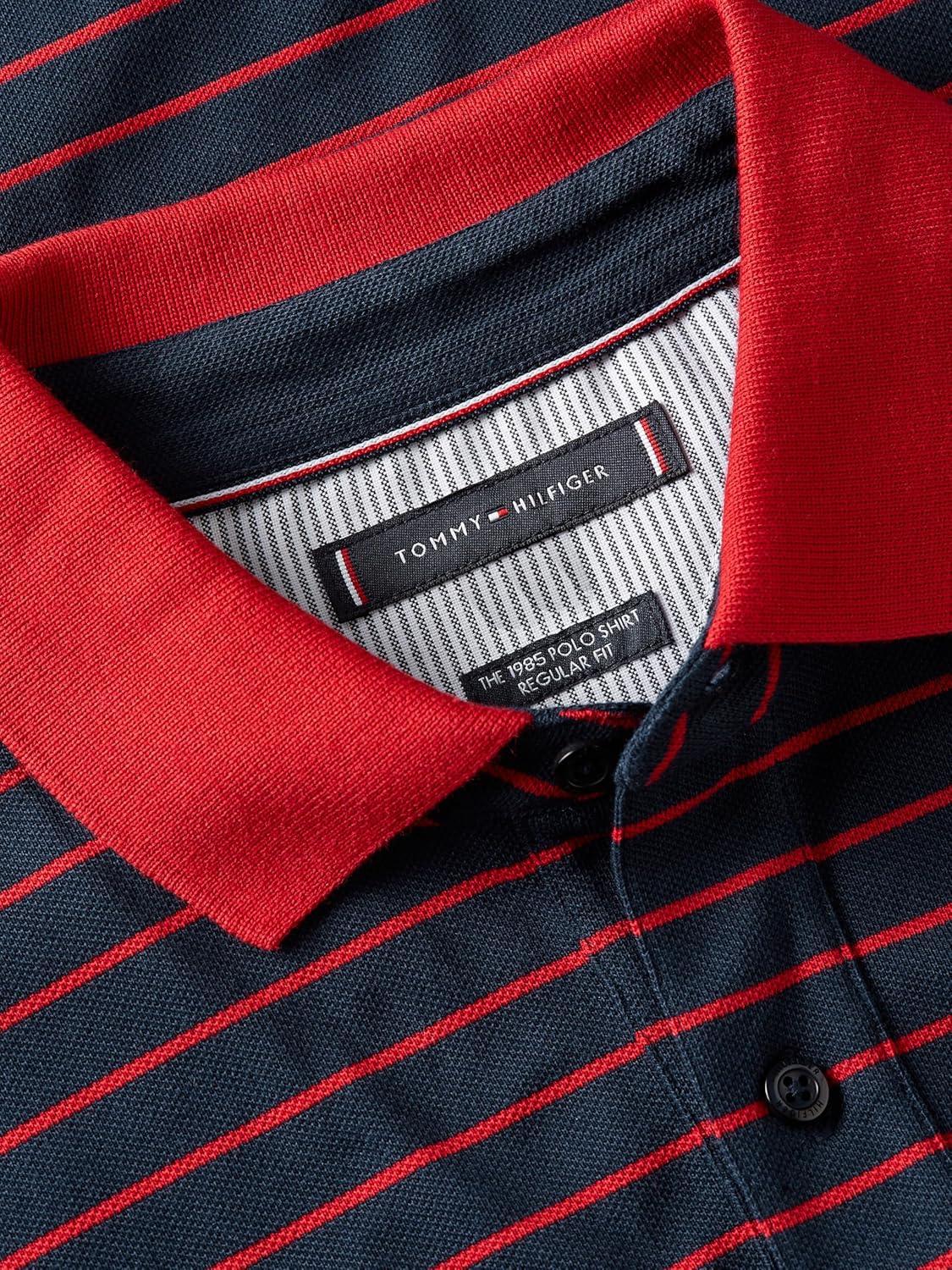 imageTommy Hilfiger Mens Short Sleeve Polo Shirts in Slim Fit with Stretch and Organic Pique CottonDark Night Navy Medium Red