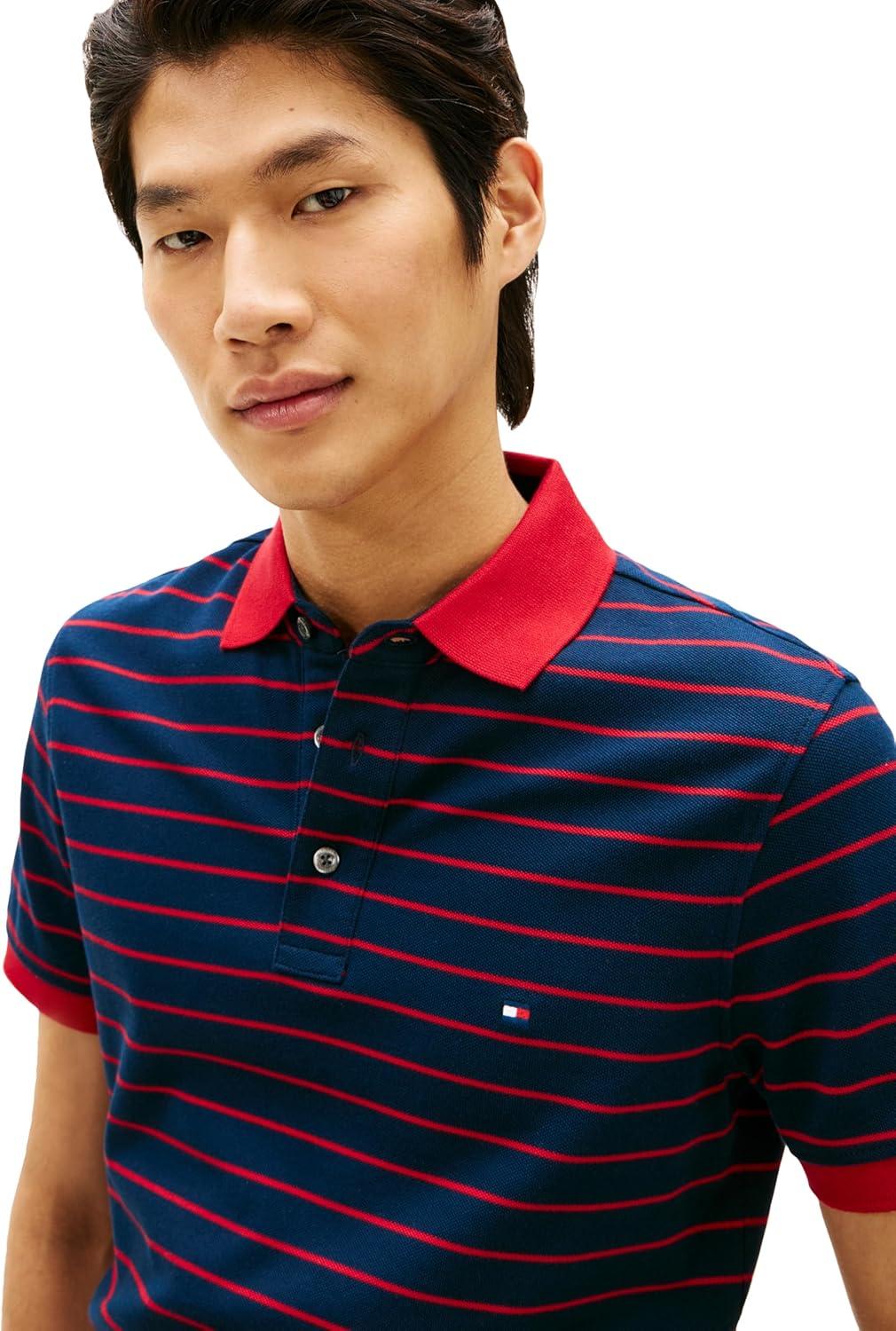 imageTommy Hilfiger Mens Short Sleeve Polo Shirts in Slim Fit with Stretch and Organic Pique CottonDark Night Navy Medium Red