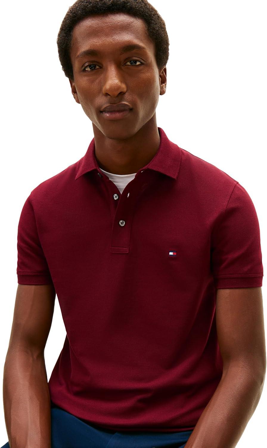 imageTommy Hilfiger Mens Short Sleeve Polo Shirts in Slim Fit with Stretch and Organic Pique CottonDeep Rouge