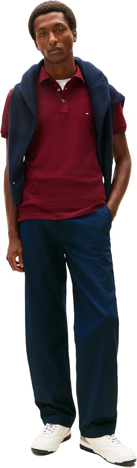 imageTommy Hilfiger Mens Short Sleeve Polo Shirts in Slim Fit with Stretch and Organic Pique CottonDeep Rouge