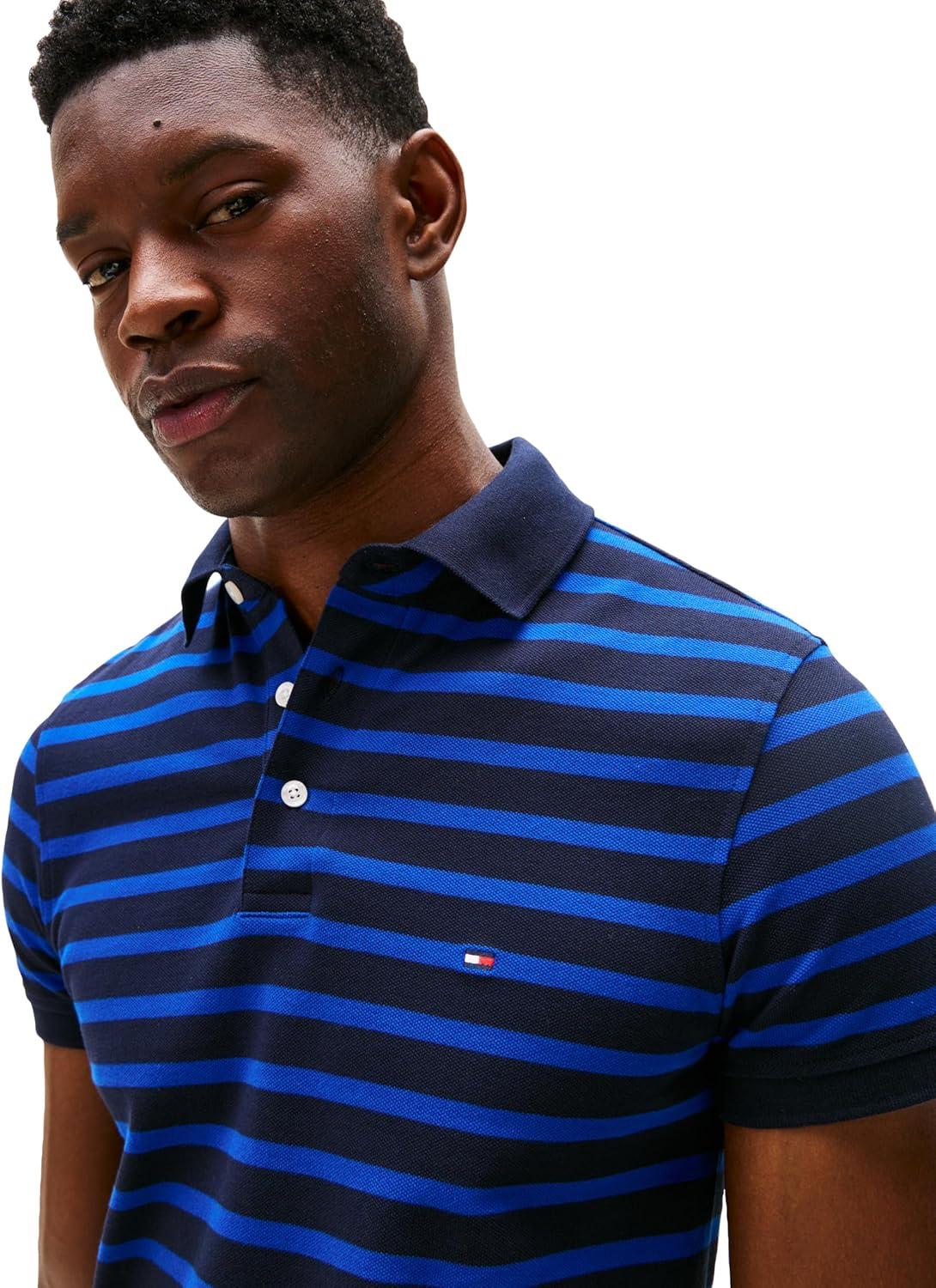 imageTommy Hilfiger Mens Short Sleeve Polo Shirts in Slim Fit with Stretch and Organic Pique CottonDesert Sky Wedge Blue