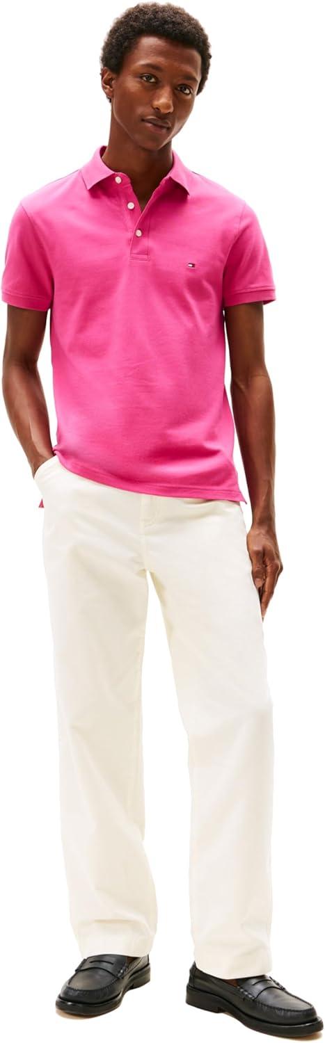 imageTommy Hilfiger Mens Short Sleeve Polo Shirts in Slim Fit with Stretch and Organic Pique CottonFashion Fuschia