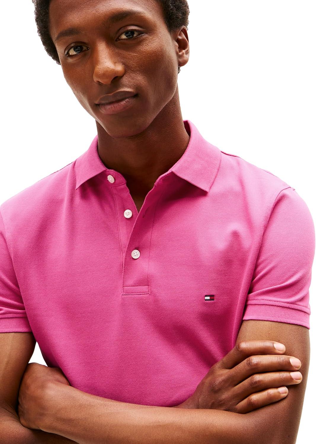 imageTommy Hilfiger Mens Short Sleeve Polo Shirts in Slim Fit with Stretch and Organic Pique CottonFashion Fuschia