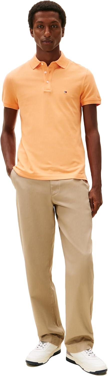 imageTommy Hilfiger Mens Short Sleeve Polo Shirts in Slim Fit with Stretch and Organic Pique CottonFruity Orange