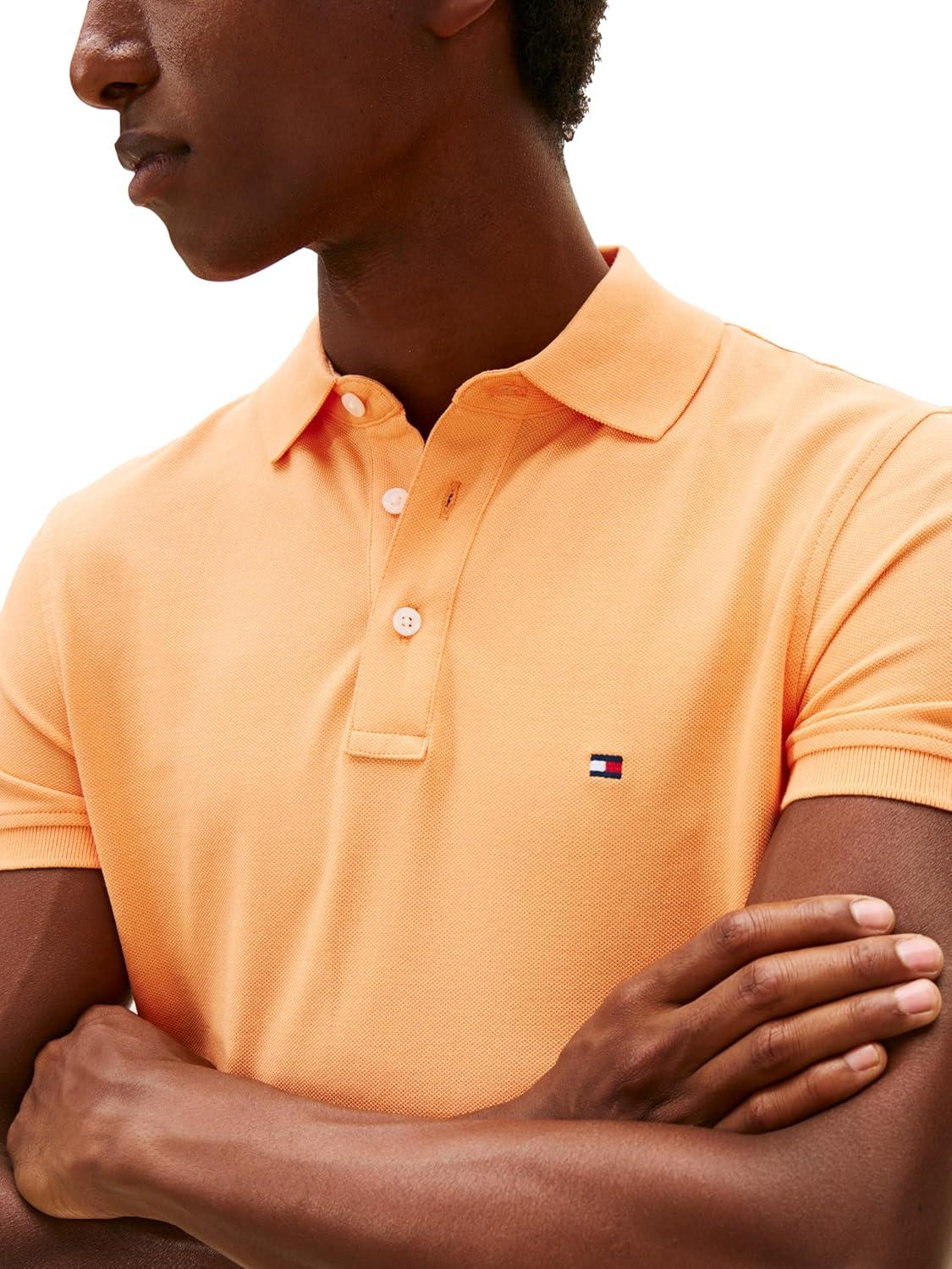 imageTommy Hilfiger Mens Short Sleeve Polo Shirts in Slim Fit with Stretch and Organic Pique CottonFruity Orange