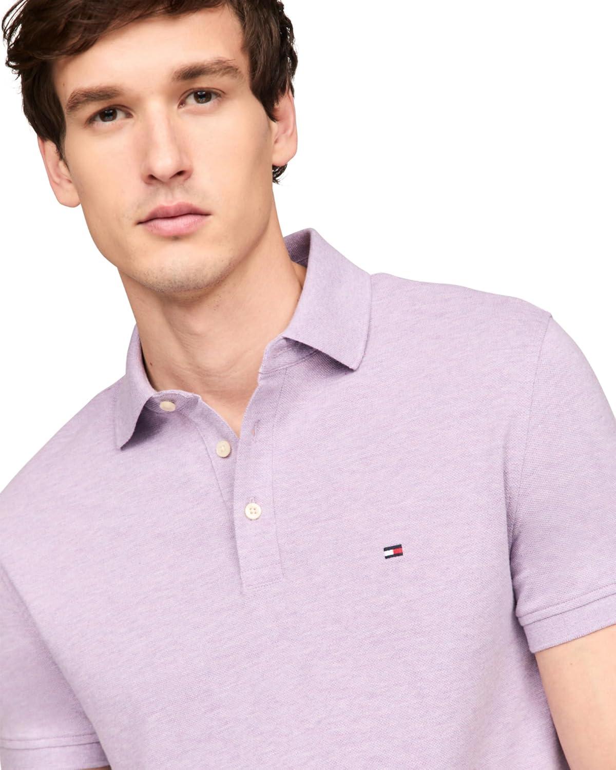 imageTommy Hilfiger Mens Short Sleeve Polo Shirts in Slim Fit with Stretch and Organic Pique CottonLavender Heather