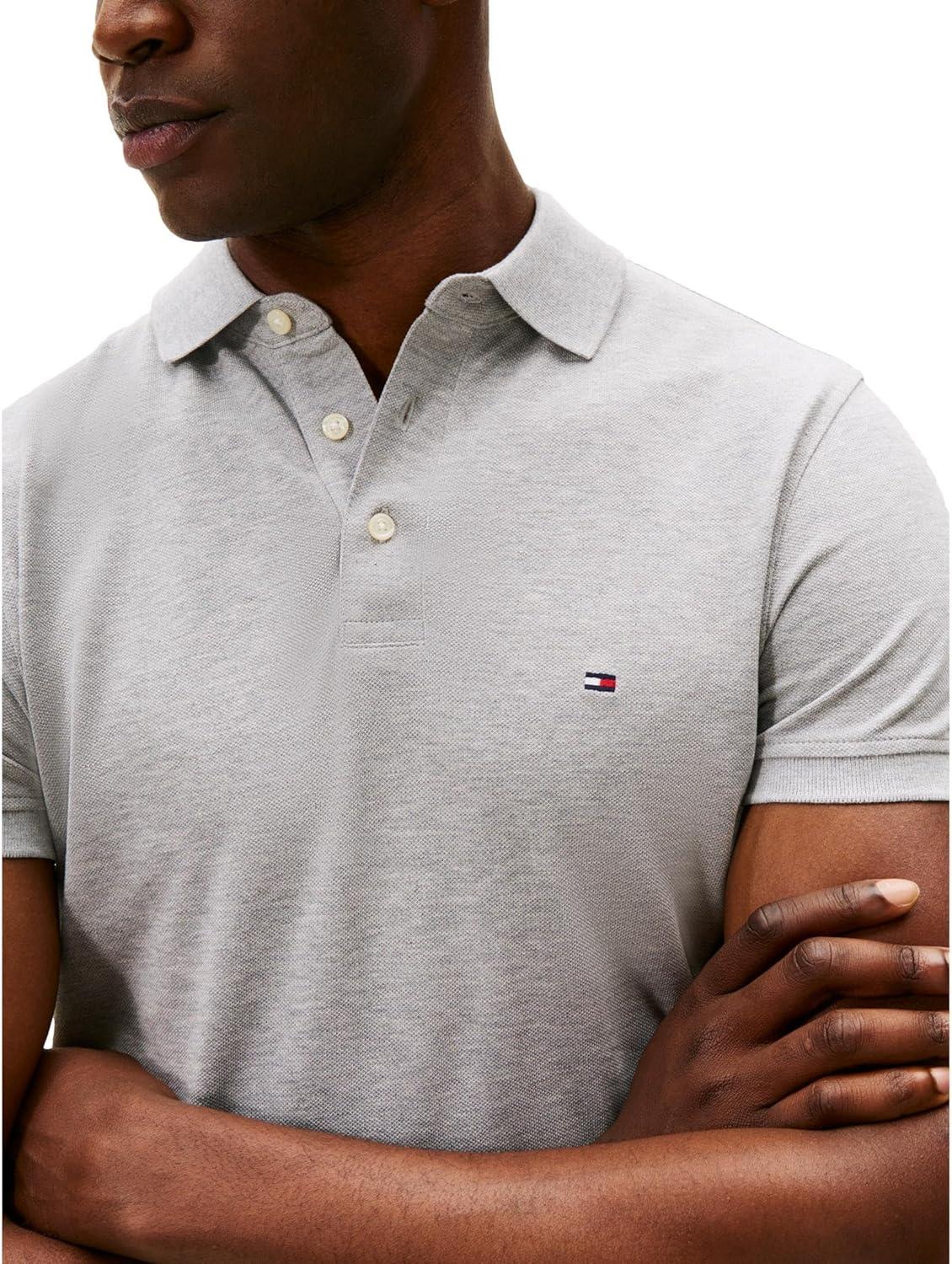 imageTommy Hilfiger Mens Short Sleeve Polo Shirts in Slim Fit with Stretch and Organic Pique CottonLight Grey Heather