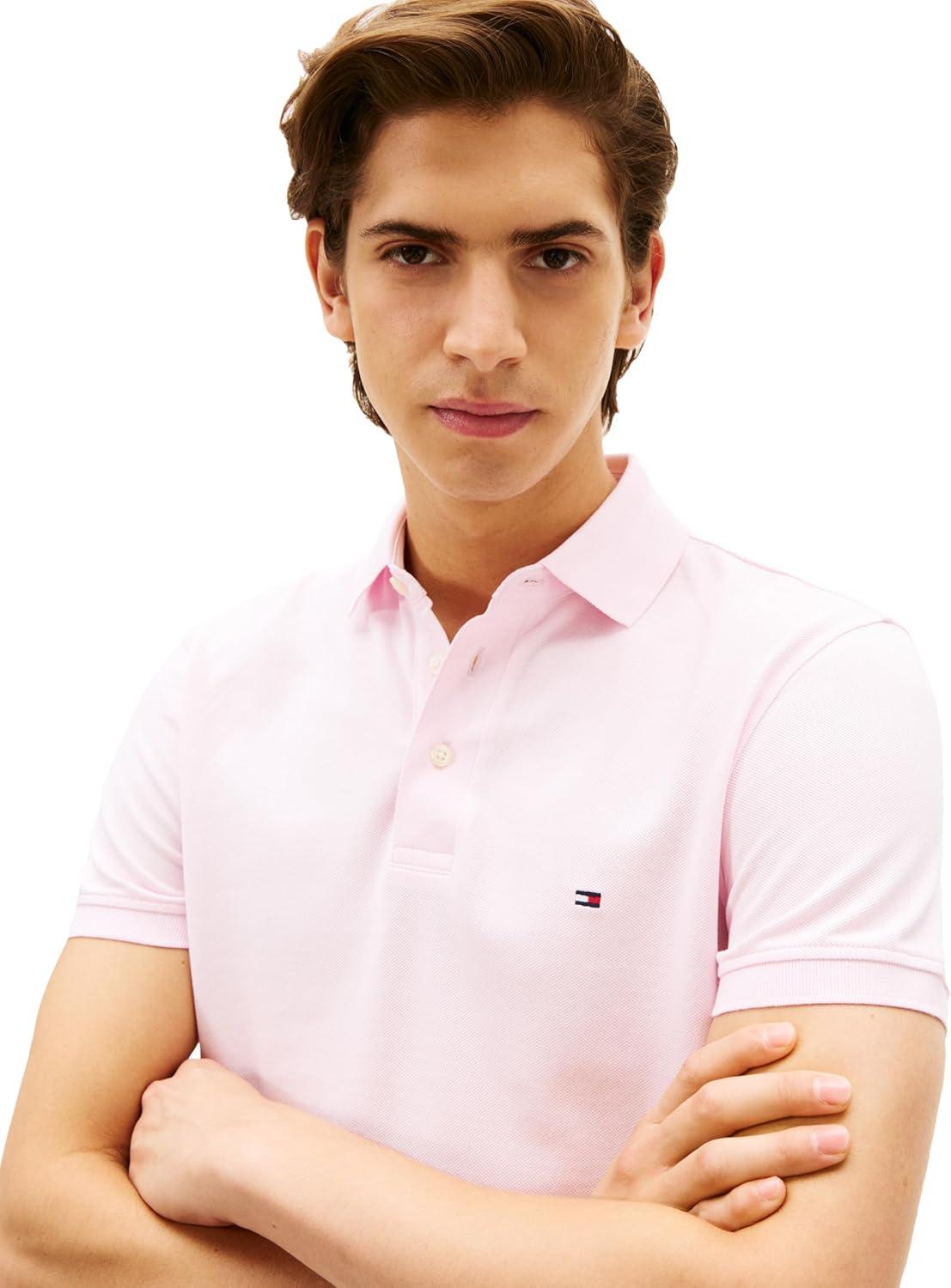 imageTommy Hilfiger Mens Short Sleeve Polo Shirts in Slim Fit with Stretch and Organic Pique CottonLight Pink