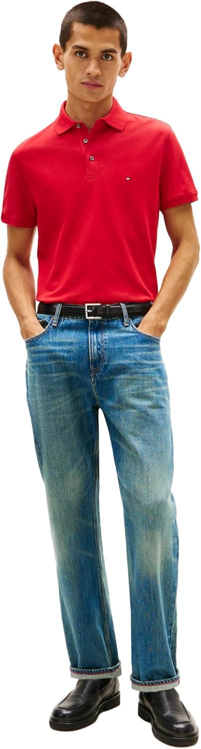 imageTommy Hilfiger Mens Short Sleeve Polo Shirts in Slim Fit with Stretch and Organic Pique CottonPrimary Red